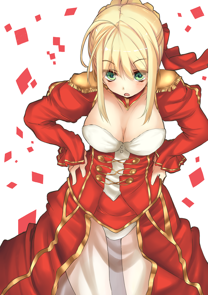 ahoge blonde_hair breasts cleavage dress epaulettes fate/extra fate_(series) green_eyes hair_ribbon hands_on_hips highres leaning_forward open_mouth red_dress ribbon saber_extra see-through short_hair solo yukityasoba