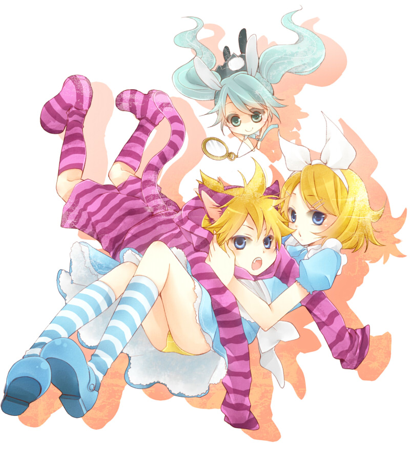 2girls alice_(wonderland) alice_in_wonderland animal_ears bunny_ears bunny_tail cat_ears cat_tail cheshire_cat chibi dress falling fang floating_hair hair_ribbon hatsune_miku kagamine_len kagamine_rin kneehighs mary_janes multiple_girls open_mouth panties ribbon shima_riu shoes smile striped striped_legwear tail twintails underwear vocaloid white_rabbit