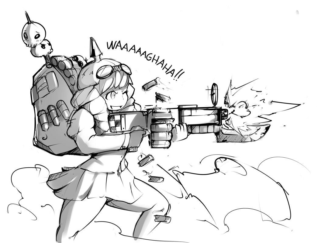 aiming bayonet casing_ejection crossover drill_hair firing goggles goggles_on_head gun helmet katawa_shoujo mikado_shiina monochrome muzzle_flash puffy_sleeves school_uniform shell_casing shotgun shotgun_shells skirt skull solo spiked_helmet thick_thighs thighs warhammer_40k weapon zako_(arvinry)