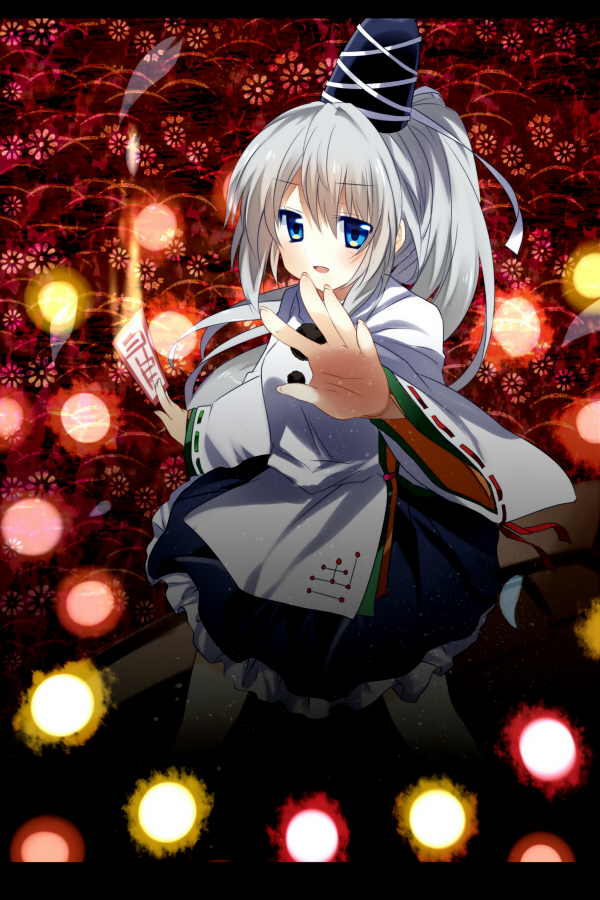 blue_eyes emyu fujishiro_emyu hat hat_ribbon japanese_clothes kariginu letterboxed lights mononobe_no_futo open_mouth outstretched_hand ponytail ribbon shirt silver_hair skirt solo spell_card touhou