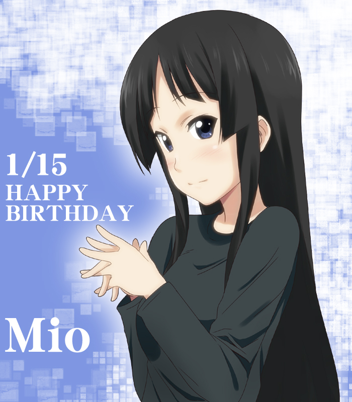 akiyama_mio black_eyes black_hair character_name hands_clasped happy_birthday ikari_manatsu k-on! long_hair solo