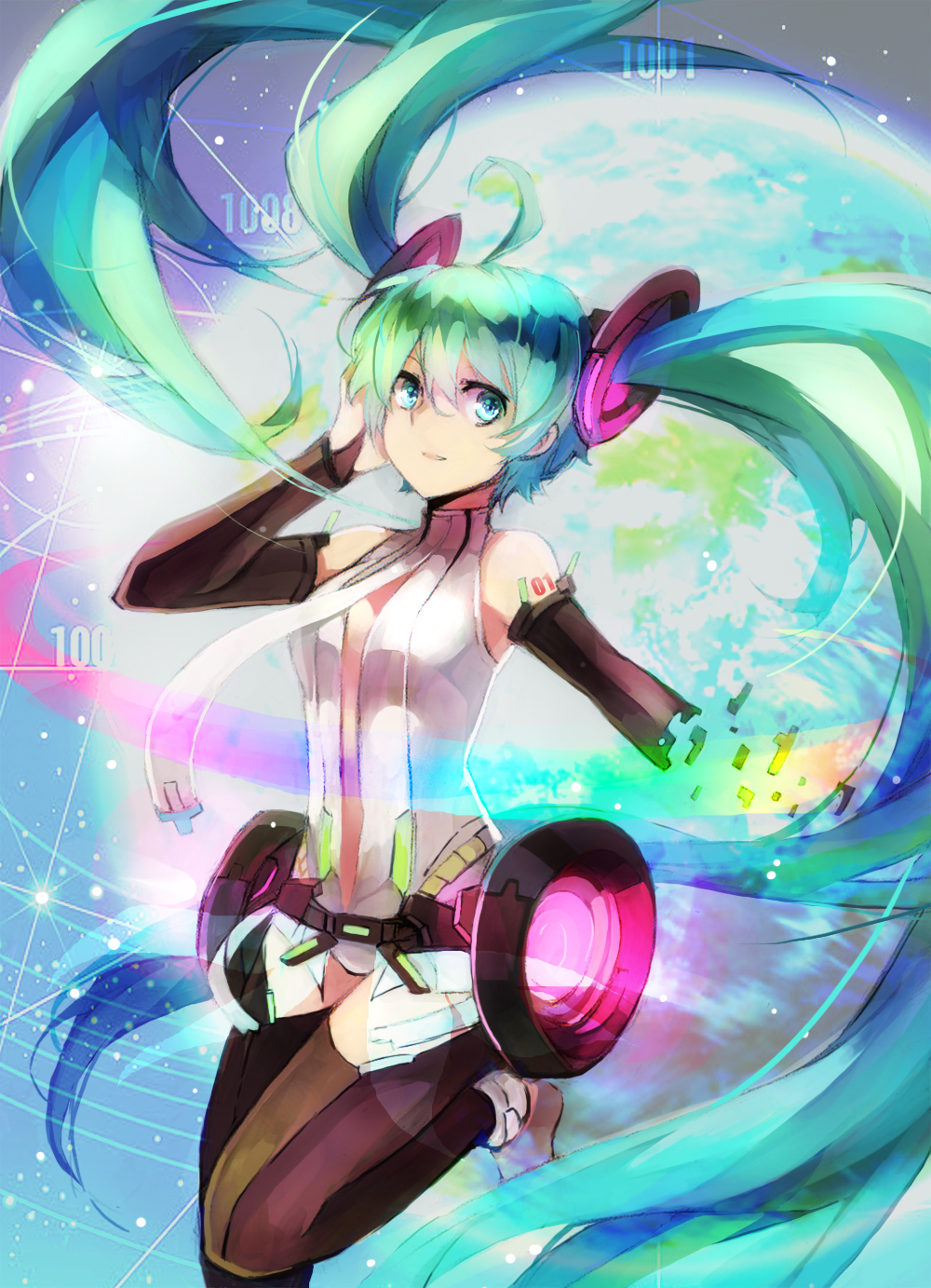 ahoge bad_id breasts bridal_gauntlets center_opening digital_dissolve elbow_gloves gloves green_eyes green_hair hatsune_miku hatsune_miku_(append) highres long_hair miku_append necktie solo thigh-highs thighhighs twintails very_long_hair vocaloid vocaloid_append zhuxiao517