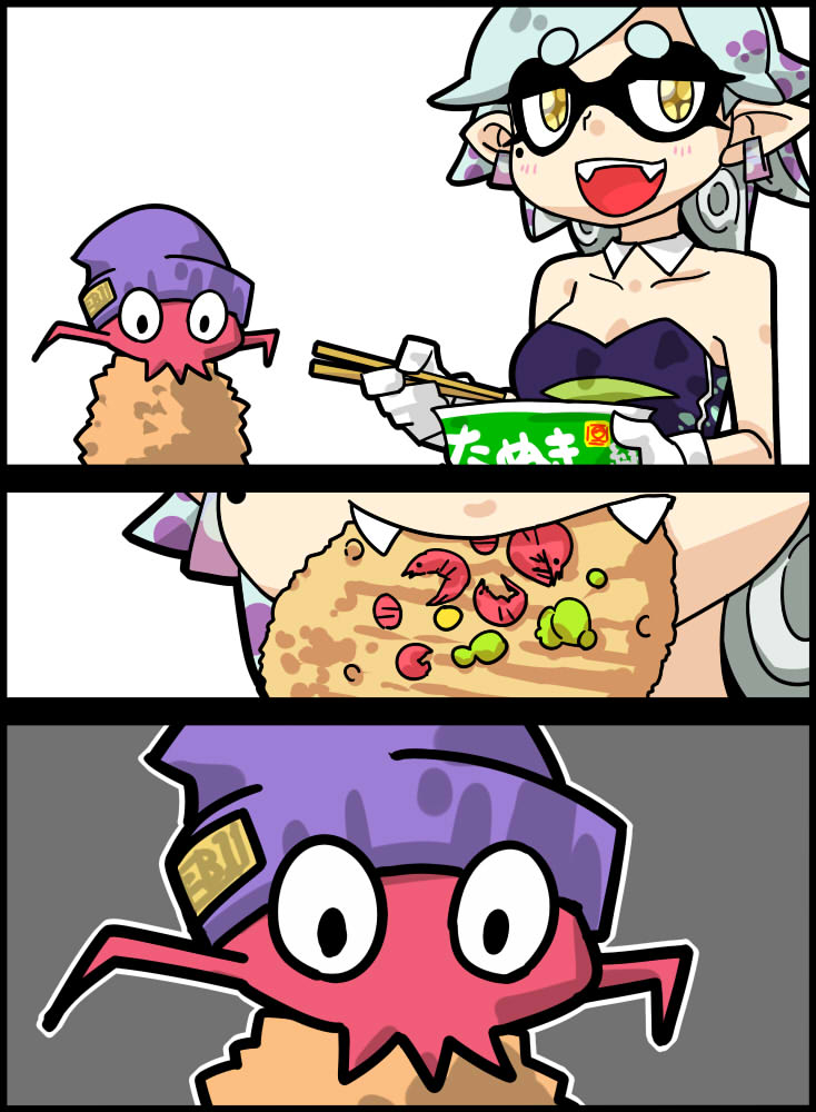 +_+ 1boy 1girl 3koma bare_shoulders blue_hair breasts close-up comic detached_collar domino_mask earrings fangs food gloves hotaru_(splatoon) jewelry mask mole mole_under_eye monster_boy pointy_ears ramen rob_(splatoon) seki_(red_shine) shrimp silent_comic splatoon white_gloves yellow_eyes