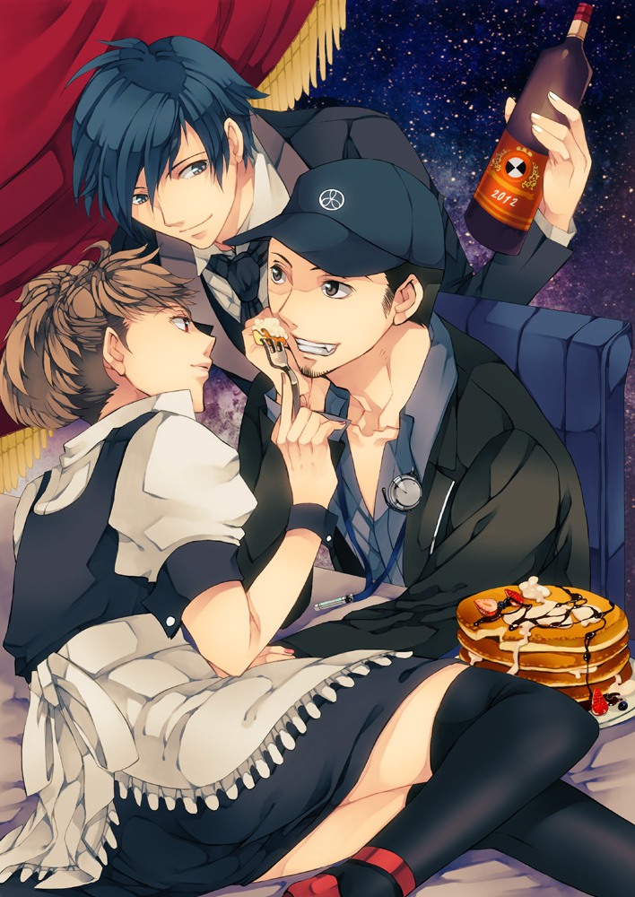 arisato_minato blue_eyes blue_hair butler digital_media_player feeding female_protagonist_(persona_3) food formal hat headphones iori_junpei lying maid nishi_juuji pancake persona persona_3 persona_3_portable red_eyes school_uniform smile