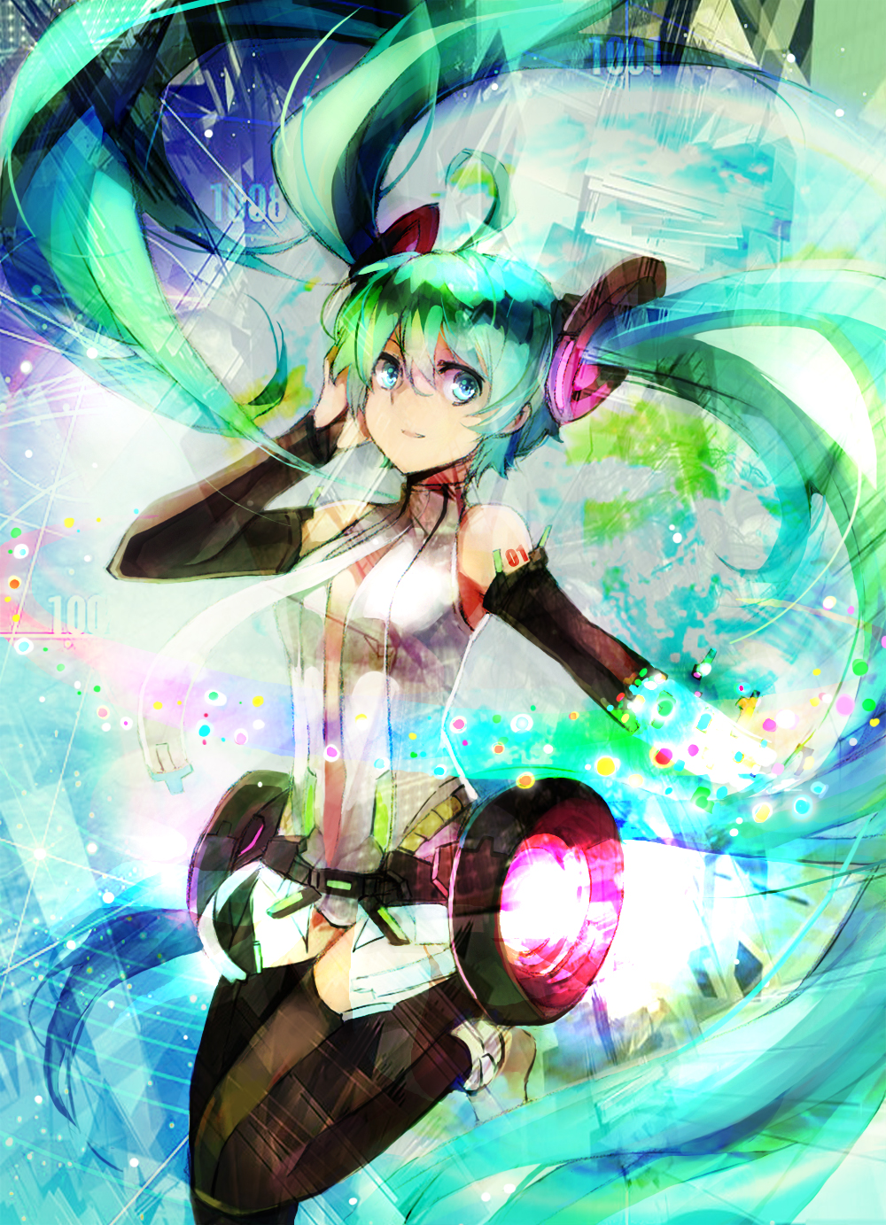 ahoge breasts bridal_gauntlets center_opening digital_dissolve elbow_gloves gloves green_eyes green_hair hatsune_miku hatsune_miku_(append) highres long_hair miku_append necktie solo thigh-highs thighhighs twintails very_long_hair vocaloid vocaloid_append zhuxiao517