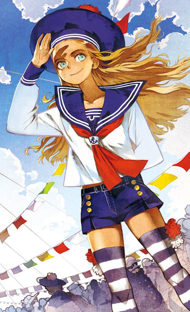 aqua_eyes blonde_hair dark_skin freckles hat long_hair mugishirako original sailor shading_eyes shorts smile solo striped striped_legwear thigh-highs thighhighs zettai_ryouiki