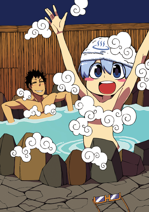 arms_up bare_shoulders black_hair blue_eyes blue_hair blush blush_stickers censored closed_eyes cloud convenient_bath_steam convenient_censoring densetsu_kyoudai densetsu_kyoudai! drooling eyes_closed glasses kashiwagi_deshiko kashiwagi_kizuna midriff mixed_bathing night onsen open_mouth outstretched_arms outstretched_hand rock saliva sitting smile spiked_hair spiky_hair standing steam tan teeth towel water yaza
