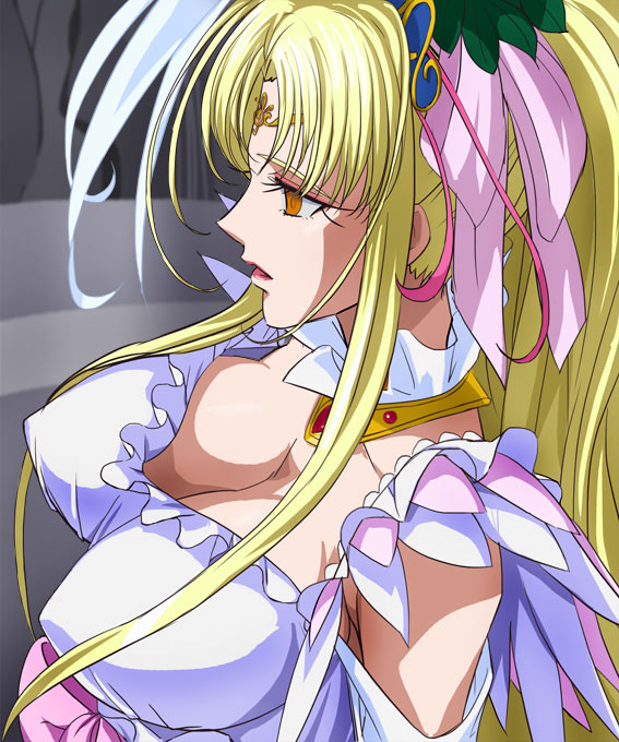 aphrodite_(suite_precure) blonde_hair breasts choker cleavage detached_collar detached_sleeves dress empty_eyes expressionless frilled_dress frills from_above hair_ornament hair_ribbon haruyama large_breasts long_hair precure profile queen ribbon solo suite_precure white_dress