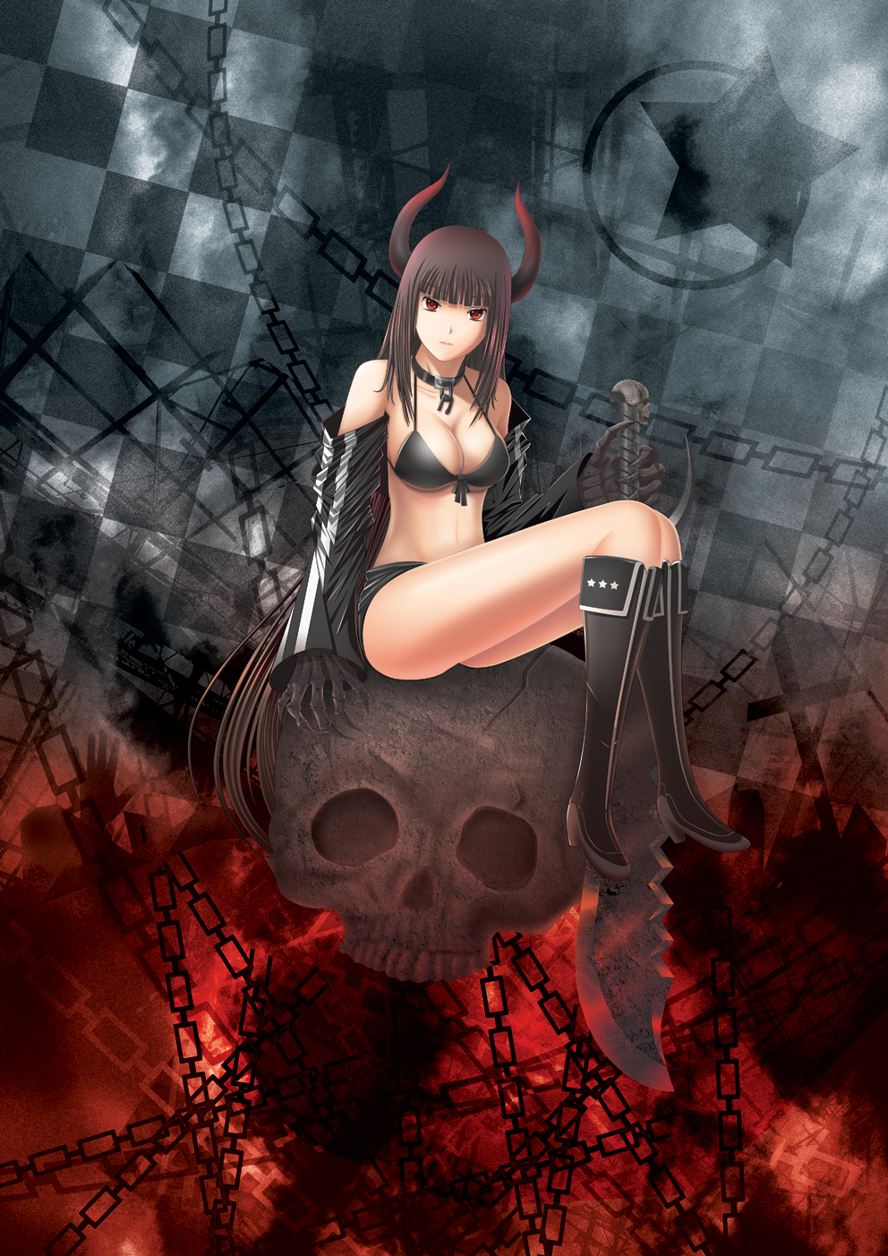 black_gold_saw black_rock_shooter boots breasts brown_hair chain chains cleavage detached_sleeves front-tie_top highres horns long_hair misoshiru red_eyes short_shorts shorts sitting skull solo sword very_long_hair weapon