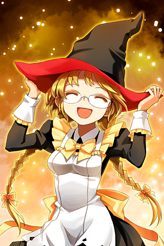 :d apron arms_up bail blonde_hair bow braid closed_eyes dress eyes_closed frills glasses glowing hair_ribbon hat holding impossible_clothes impossible_clothing long_sleeves lowres mop_maid open_mouth ribbon smile solo sword_girls twin_braids witch_hat