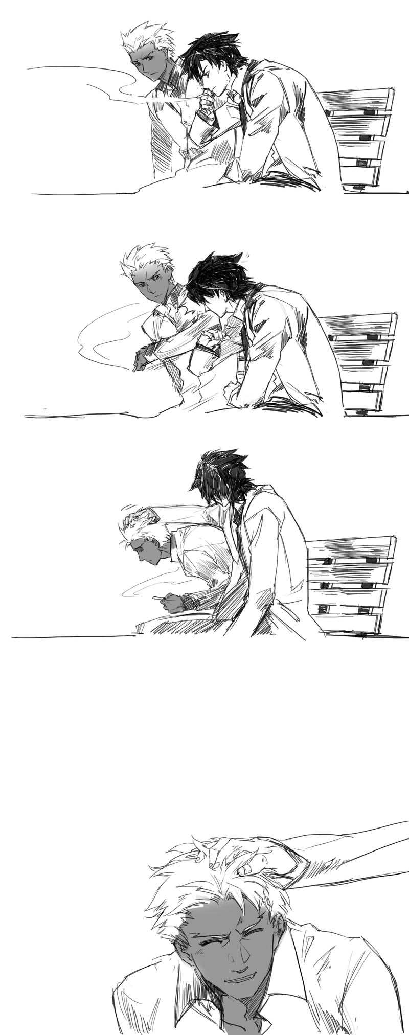 2boys age_difference archer cigarette comic emiya_kiritsugu fate/zero fate_(series) father_and_son highres monochrome multiple_boys petting short_hair smoking spoilers time_paradox