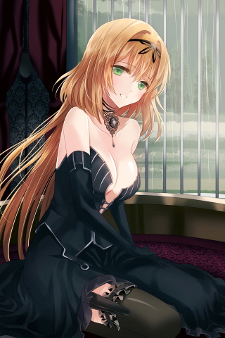 artist_request bangs bare_shoulders bars black_legwear blonde_hair breasts bustier cleavage collarbone curtains dress elbow_gloves frilled_dress frills gloves green_eyes hair_ribbon jewelry leg_garter long_hair lowres necklace parted_bangs reum ribbon sitting smile sword_girls teeth thigh-highs thighhighs window