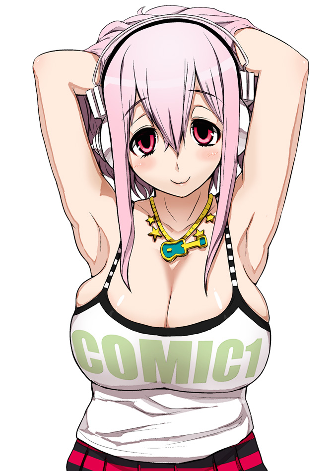 armpits arms_up breasts cleavage headphones konoma large_breasts long_hair nitroplus pink_eyes pink_hair simple_background smile solo sonico super_sonico
