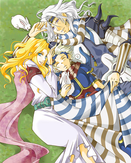 2boys aosena armor blonde_hair blue_eyes bunny cape cecil_harvey ceodore_harvey closed_eyes earrings eyes_closed family father_and_son female final_fantasy final_fantasy_iv final_fantasy_iv_the_after husband_and_wife jewelry long_hair lying male mother_and_son multiple_boys purple_eyes rabbit robe rosa_farrell scarf short_hair shoulder_pads silver_hair sleeping violet_eyes white_dress white_hair