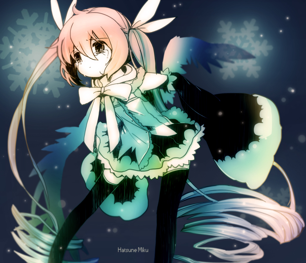 bowtie detached_sleeves hatsune_miku long_hair skirt sleeves_past_wrists solo tears thigh-highs thighhighs twintails very_long_hair vocaloid wings yukimochi