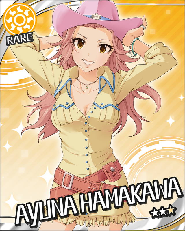 belt bracelet breasts character_name cowboy_hat cowgirl dress hamakawa_ayuna hat idolmaster idolmaster_cinderella_girls jewelry jpeg_artifacts large_breasts long_hair official_art pink_hair sleeves_rolled_up smile solo star sun_(symbol) yellow_eyes