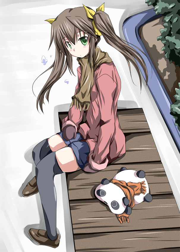 brown_hair gloves green_eyes hair_ribbon huang_lingyin infinite_stratos long_hair mister_(black_and_white) ribbon scarf sitting solo thigh-highs thighhighs twintails winter_clothes