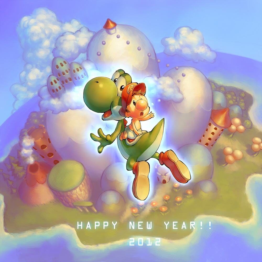2boys arm_up aura baby baby_mario brown_hair building cloud creature diaper dinosaur english flower happy_new_year hat island jumping looking_back looking_up male mario mountain new_year nintendo ocean om_(carbohydratism) raised_arm riding shoes super_mario_bros. super_mario_world_2:_yoshi's_island text tower volcano yoshi young