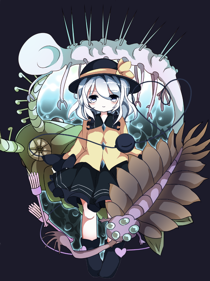 anomalocaris blush eyeball green_eyes green_hair hallucigenia hat heart insect komeiji_koishi nekokyu opabinia prehistoric_animal short_hair silver_hair skirt smile solo sun_hat third_eye touhou