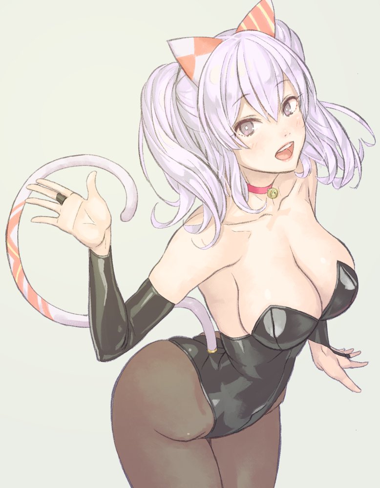 1girl :d and arched_back bare_shoulders bell bell_collar black_legwear breasts bunnysuit cleavage collar collarbone elbow_gloves gloves grey_eyes kantai_collection kashima_(kantai_collection) large_breasts leotard looking_at_viewer open_mouth pantyhose smile solo tail teeth white_hair