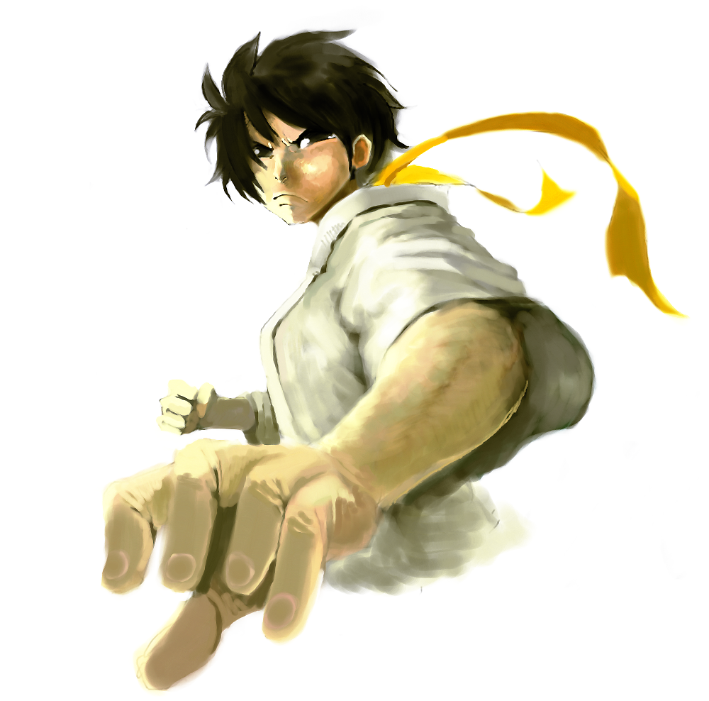 1girl black_hair bust clenched_fist clenched_hand dougi fighting_stance foreshortening makoto s_nag scarf short_hair short_sleeves solo street_fighter street_fighter_iii street_fighter_iii:_3rd_strike