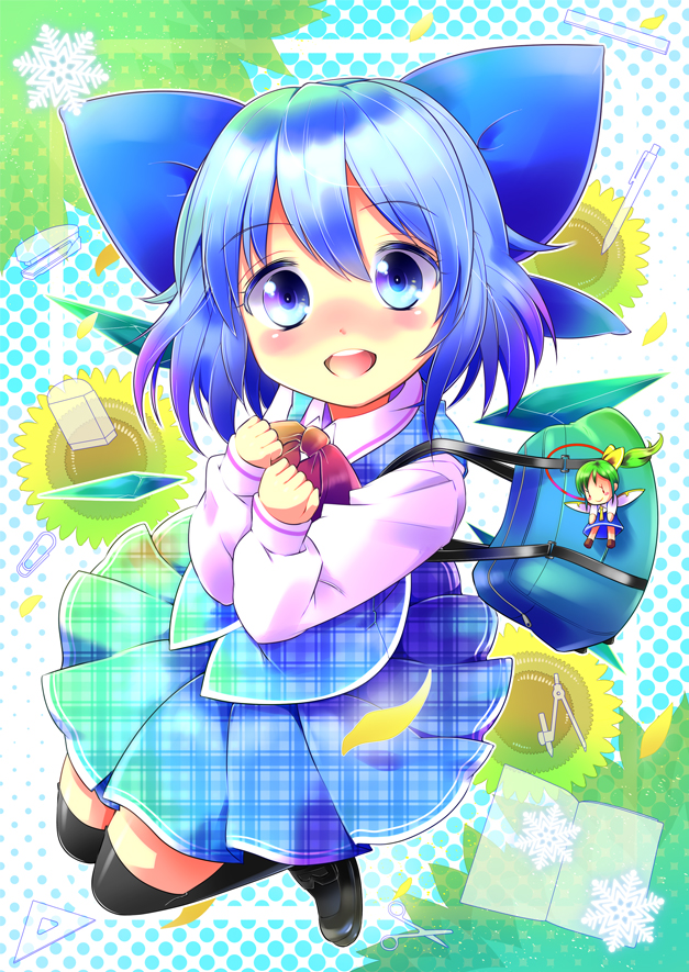 1girl alternate_costume black_legwear blue_eyes blue_hair bow character_doll cirno compass daiyousei eraser flower hair_bow ice ice_wings long_sleeves notebook open_mouth pencil ribbon ruler school_uniform set_square shirt short_hair skirt smile sunflower thigh-highs touhou uta_(kuroneko) vest wings