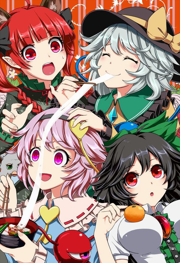 ahoge animal_ears black_hair blush bow braid breasts cat_ears chopsticks closed_eyes eyeball eyes_closed food fruit fuji_hyorone furby hair_bow hairband hat heart kaenbyou_rin komeiji_koishi komeiji_satori multiple_girls open_mouth orange pink_eyes pink_hair red_eyes red_hair redhead reiuji_utsuho short_hair silver_hair smile third_eye touhou twin_braids