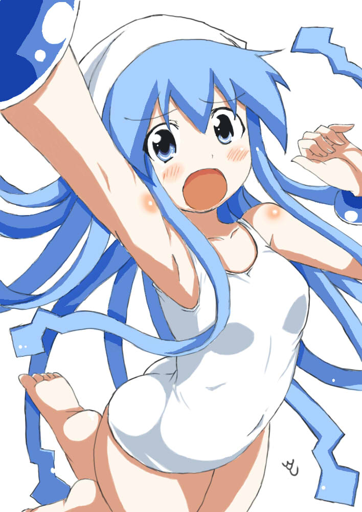 armpits barefoot blue_eyes blue_hair derivative_work flat_chest hat ikamusume long_hair one-piece_swimsuit open_mouth pov shinryaku!_ikamusume sigma_y simple_background solo swimsuit tentacle_hair white_swimsuit
