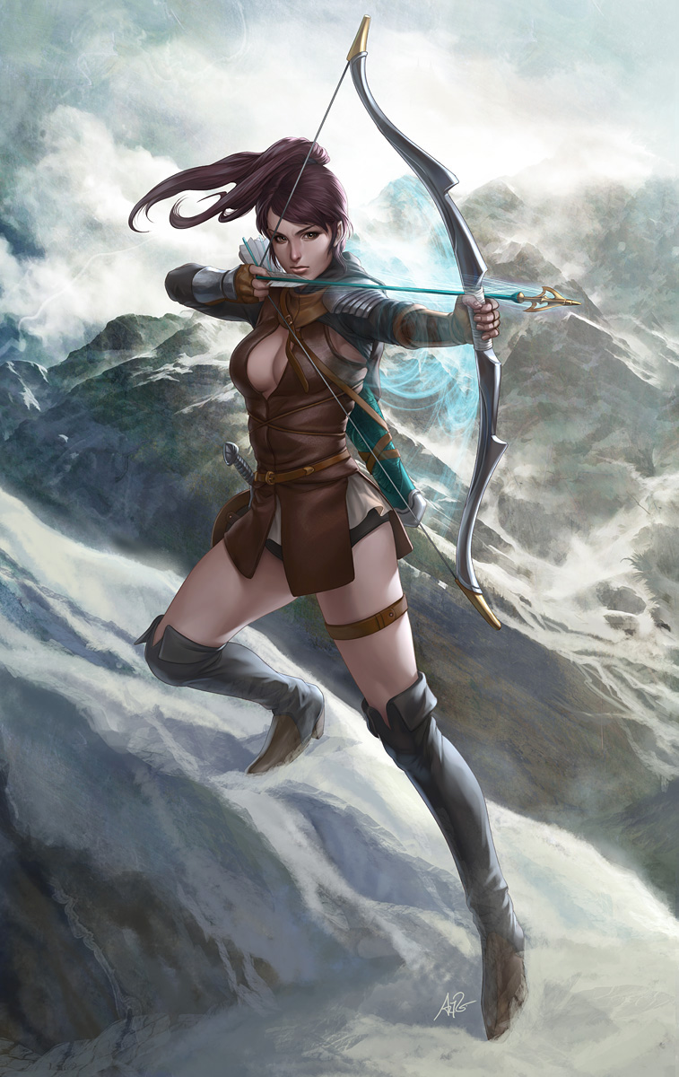 arrow boots bow_(weapon) breasts brown_hair castlot cleavage female highres leather long_hair magic mountain ponytail snow solo stanley_lau sword thigh_strap weapon