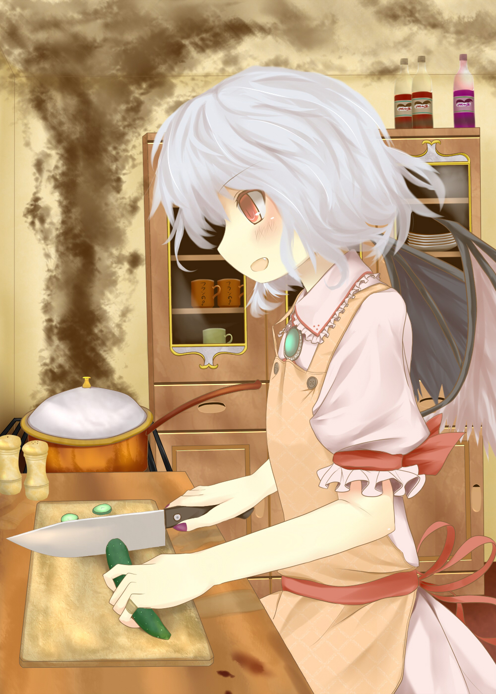 apron bandaid bat_wings blood blush bottle bunchou bunchou_(bunchou3103) cabinet chopping_board cooking cucumber cup cutting_board dress failure highres knife lavender_hair mug nail_polish no_hat no_headwear open_mouth plaster plate pot profile red_eyes remilia_scarlet ribbon short_hair smile smoke solo touhou white_hair wings