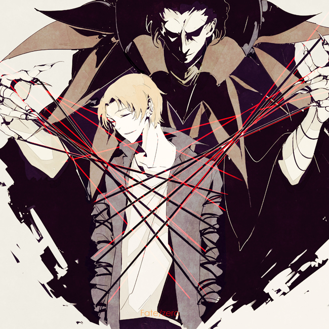 bad_id caster_(fate/zero) claws fate/zero fate_(series) high_contrast jacket male marionette multiple_boys orange_hair pale_color pale_colors shadow string uryuu_ryuunosuke zmore
