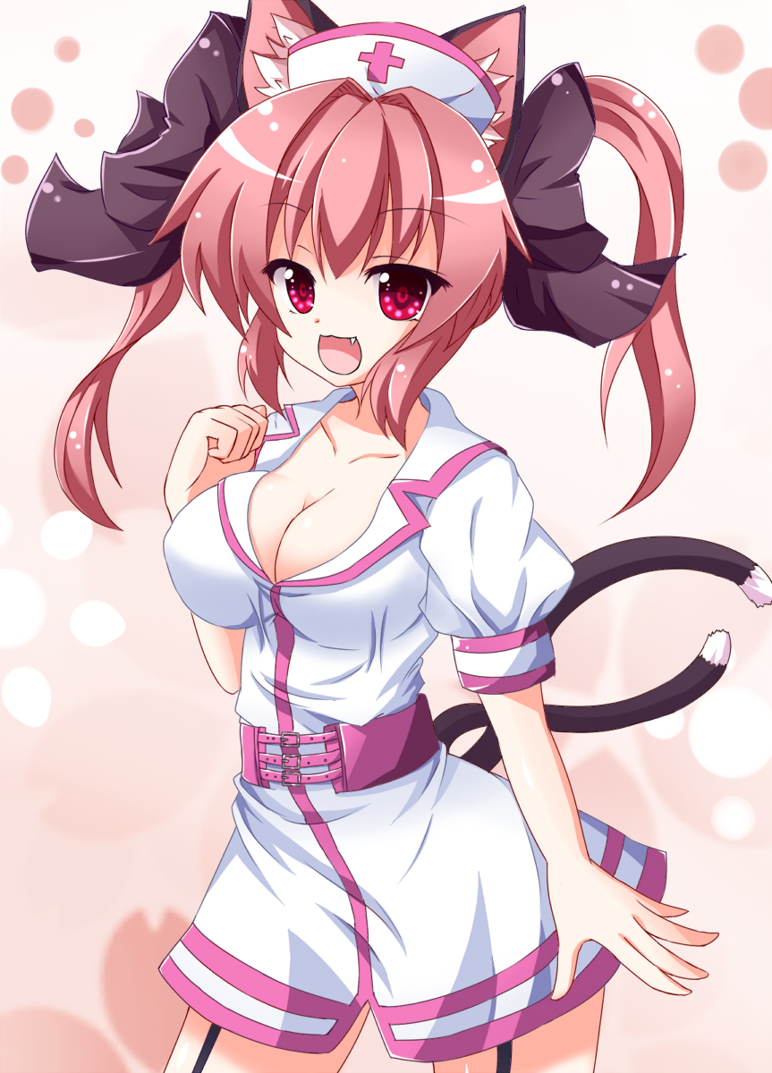 alternate_costume alternate_hairstyle animal_ears bad_id bow breasts cat_ears cat_tail cleavage fang garter_belt garter_straps hair_bow hat highres kaenbyou_rin kuromari_(runia) large_breasts multiple_tails nurse nurse_cap nurse_uniform red_eyes solo tail touhou twintails