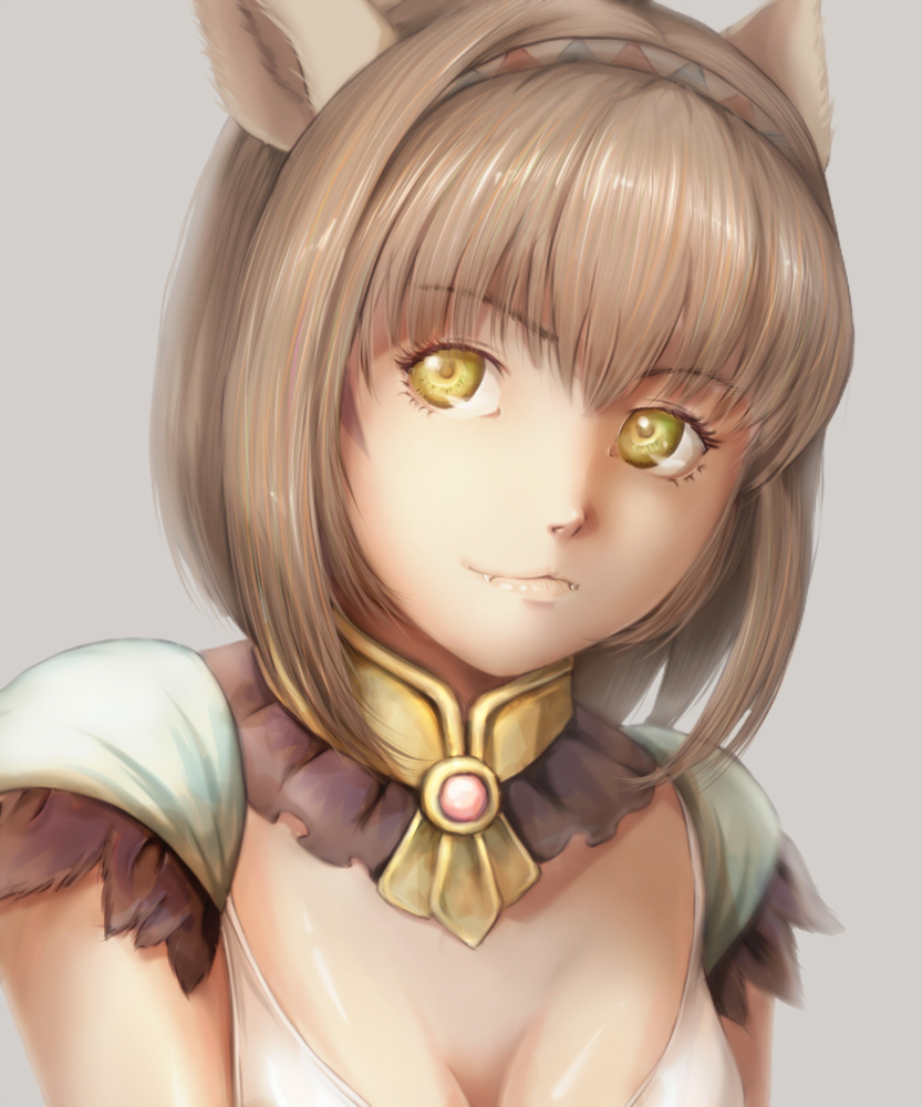 1girl animal_ears breasts brown_hair cat_ears cleavage face fangs final_fantasy final_fantasy_xi hairband looking_away mithra portrait short_hair solo tyamaguch yellow_eyes