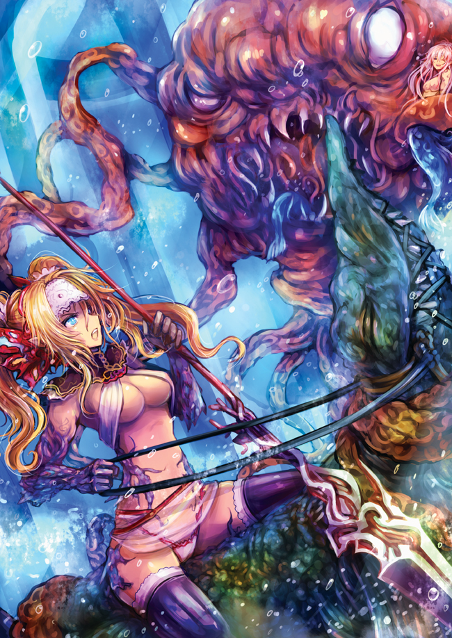 blonde_hair blue_eyes breasts kara_(color) long_hair monster original polearm riding solo spear tentacle thigh-highs thighhighs twintails under_boob underboob weapon