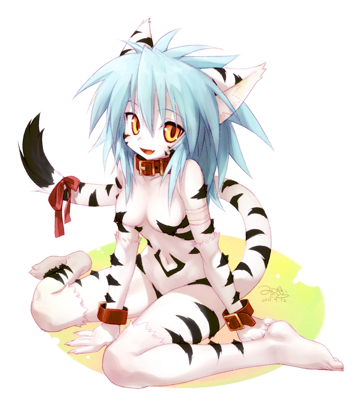 amber_eyes animal_ears anthro bandage bandages barefoot blue_hair breasts cat_ears collar cotora fang feet feline female fur furry fuurin_rei hair long_hair looking_at_viewer markings mizuki_kotora navel nude open_mouth original paws ribbon ribbons simple_background sitting solo striped toes wariza wrist_cuffs yellow_eyes