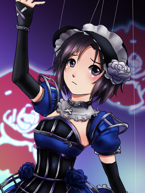 arm_up black_gloves black_hair blush choker dress elbow_gloves fingerless_gloves flower frown gloves headdress hoop_skirt idolmaster kikuchi_makoto meteors purple_eyes purple_hair short_hair solo string violet_eyes wired_marionette_(costume)