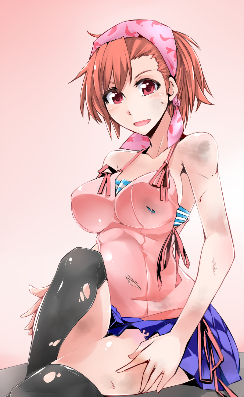 bandana bandanna bandeau bare_shoulders blush breasts camisole cosaten dirty highres large_breasts megami_ibunroku_devil_survivor open_mouth red_eyes red_hair redhead short_hair skirt solo striped striped_bandeau sweatdrop tanigawa_yuzu thigh-highs thighhighs torn_clothes torn_skirt torn_thighhighs