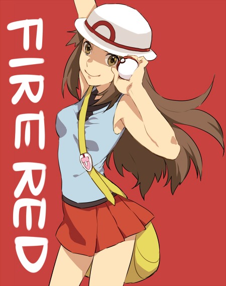 arm_up armpits bag bare_arms bare_legs bare_shoulders blue_(pokemon) breasts brown_eyes brown_hair cowboy_shot finished hat head_tilt holding holding_poke_ball holding_up leaf_(pokemon) long_hair looking_at_viewer maruishi messenger_bag miniskirt outstretched_arm payot pleated_skirt poke_ball pokemon pokemon_(game) pokemon_firered_and_leafgreen pokemon_frlg pokemon_rgby porkpie_hat red_background shoulder_bag simple_background skirt sleeveless sleeveless_shirt smile solo standing strap_cleavage title_drop vs_seeker