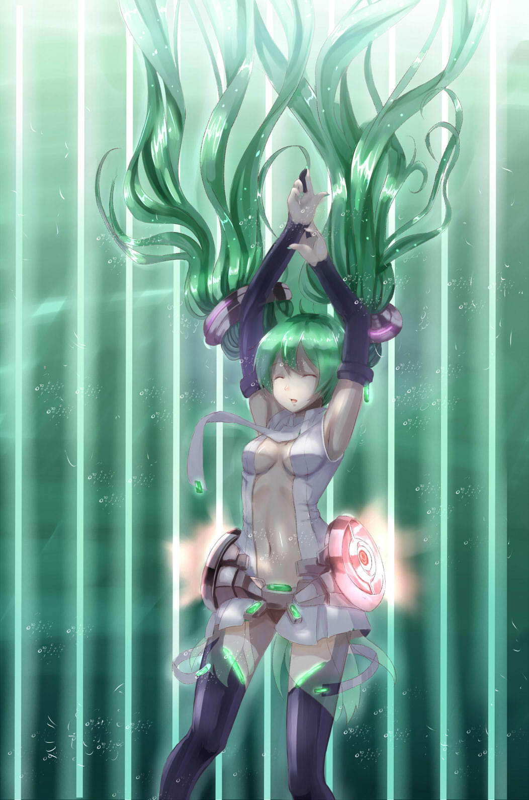 armpits arms_up breasts bridal_gauntlets center_opening closed_eyes eyes_closed floating_hair green_hair hatsune_miku hatsune_miku_(append) highres long_hair miku_append navel necktie solo striped striped_background thigh-highs thighhighs twintails very_long_hair vocaloid vocaloid_append wenhe