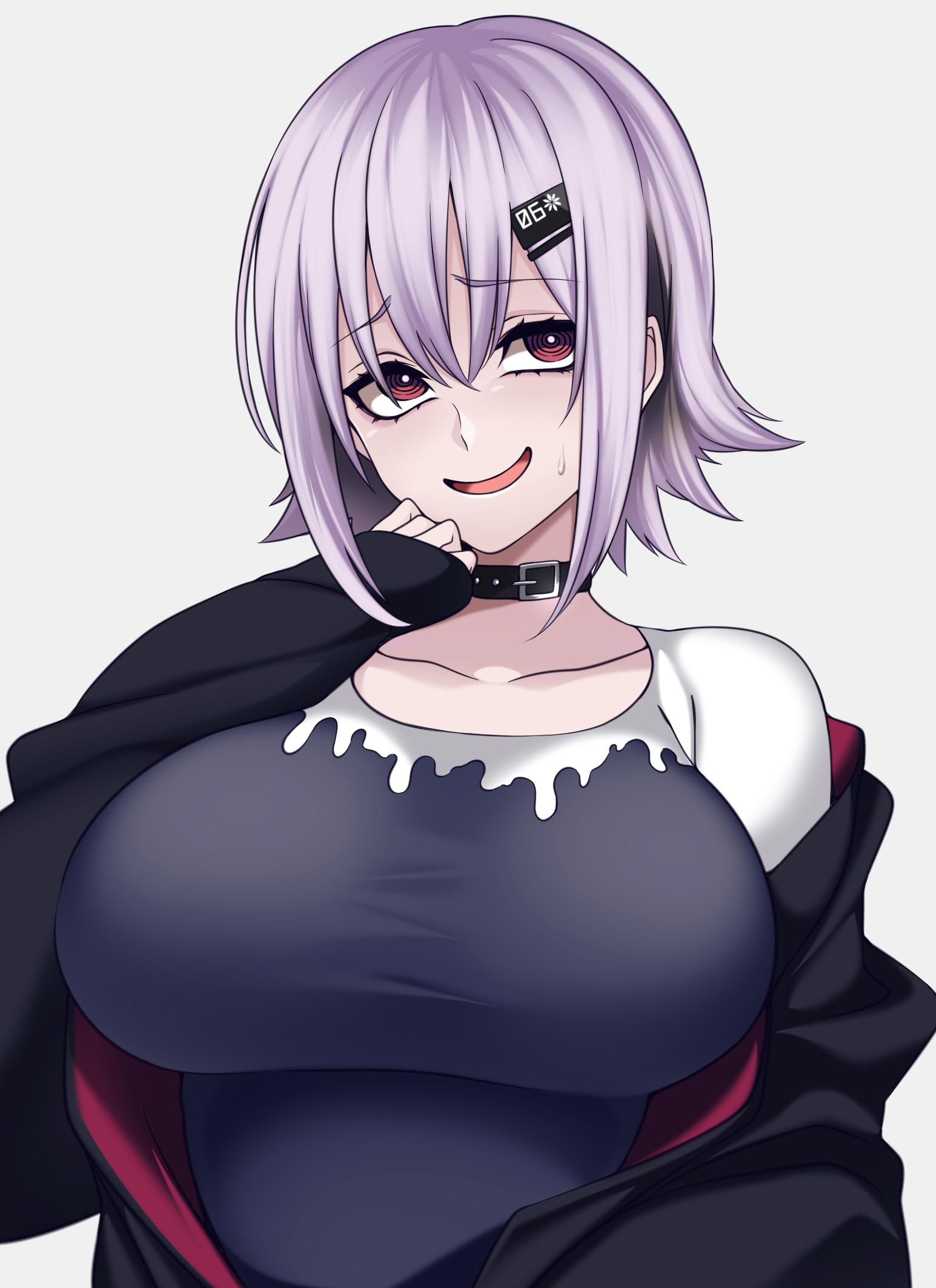 1girl black_collar black_jacket camui_kamui collar eyebrows highres jacket number numbered original purple_hair shirt short_hair smile sweater two-tone_shirt upper_body violet_eyes white_sleeves