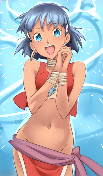 :d blue_eyes blue_hair blush bracelet dark_skin earrings fushigi_no_umi_no_nadia hands_clasped jewelry loincloth midriff nadia navel neck_ring nishieda open_mouth short_hair smile solo vest