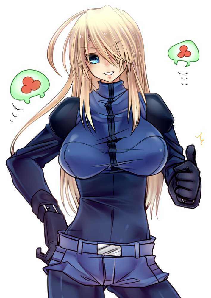 1girl blue_eyes bodysuit breasts female gloves hair_over_one_eye impossible_clothes impossible_clothing impossible_shirt large_breasts metroid metroid_(creature) navel ran_komomo samus_aran short_shorts shorts solo thumbs_up