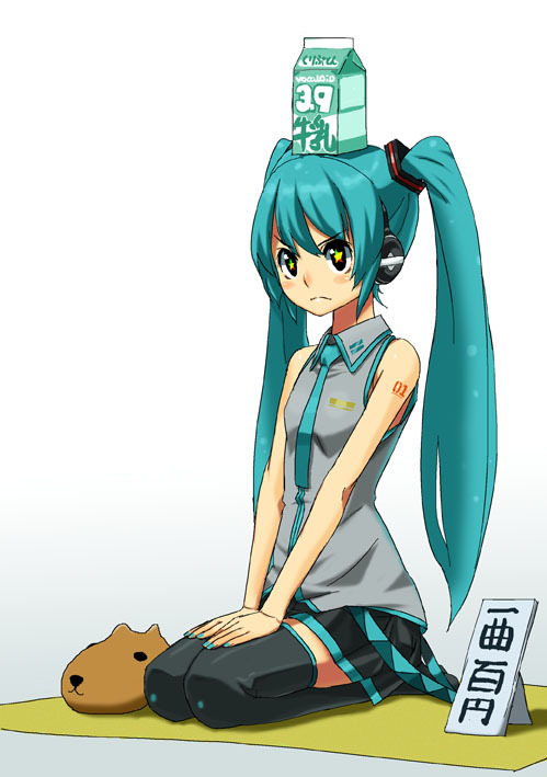 1girl aqua_hair hatsune_miku headphones long_hair necktie pizzadev seiza sitting skirt solo thigh-highs thighhighs twintails vocaloid zettai_ryouiki