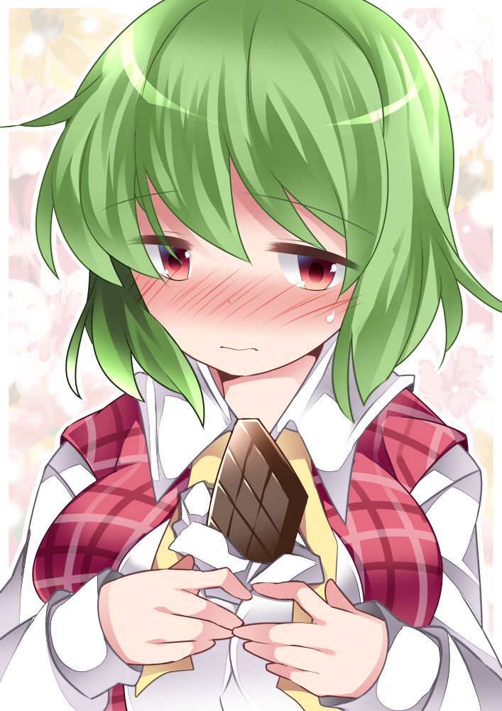 1girl between_breasts blush breast_squeeze breasts bust chocolate commentary_request embarrassed green_hair hammer_(sunset_beach) kazami_yuuka large_breasts long_sleeves red_eyes shirt solo touhou valentine vest wavy_mouth