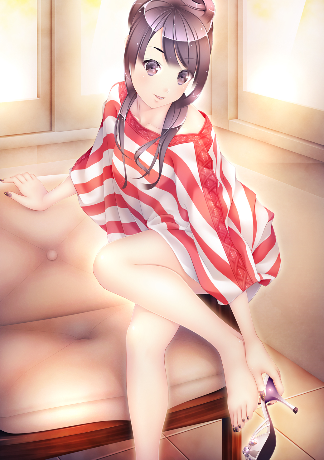 bare_legs barefoot black_nails copyright_request ekureeru feet high_heels highres looking_at_viewer make_up makeup mizuki_nana nail_polish open_shoes painted_nails painted_toenails seiyuu shirt shoes sitting solo striped striped_shirt toenail_polish toes yellow_nails