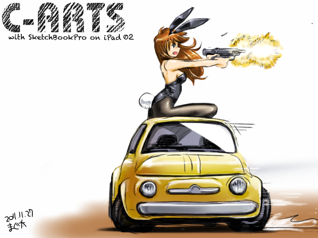 animal_ears bare_back breasts brown_hair bunny_ears bunny_tail bunnysuit car drifting dual_wielding fiat_500 gun long_hair machine_gun maguta motor_vehicle original pantyhose pistol riding tail vehicle weapon wielding