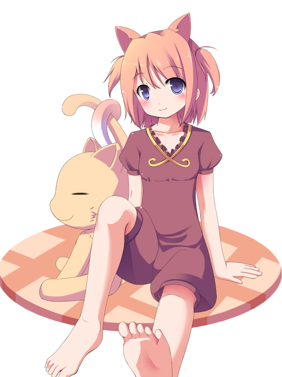 animal_ears barefoot blue_eyes blush brown_hair cat cat_ears cat_tail extra_ears feet foreshortening intertwined_tails light_smile masaki_(machisora) original short_hair sitting smile soles solo tail toes twintails