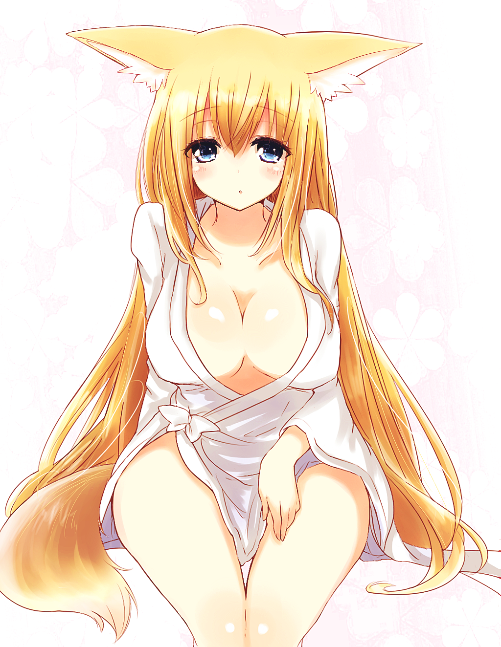 animal_ears aoi_(naomi) blonde_hair blue_eyes blush breasts cleavage dress fox_ears fox_tail highres large_breasts long_hair naomi_(sekai_no_hate_no_kissaten) open_mouth original sitting solo tail white_dress