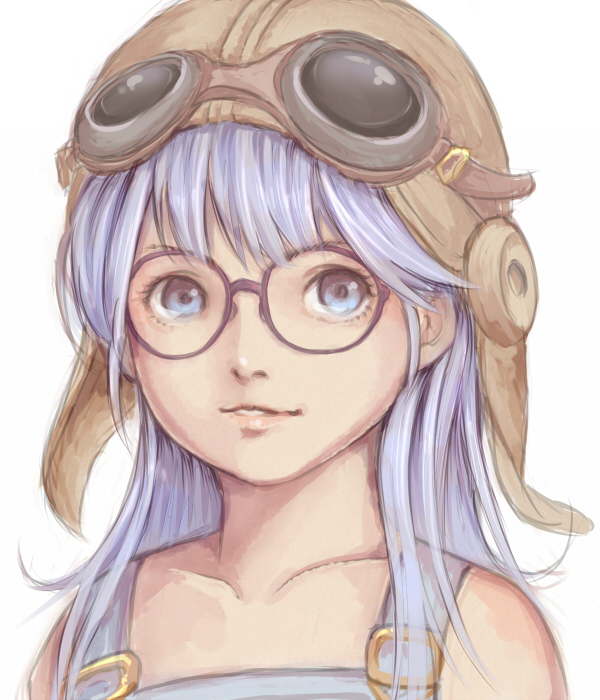 1girl aviator_cap bare_shoulders blue_eyes blue_hair bust child collarbone dr._slump face glasses goggles goggles_on_head lips long_hair norimaki_arale overalls solo tyamaguch