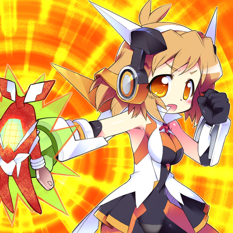 armor armpits bare_shoulders brown_hair chibi headphones kanibasami monster navel open_mouth orange_eyes punching senki_zesshou_symphogear short_hair solo tachibana_hibiki tachibana_hibiki_(symphogear)